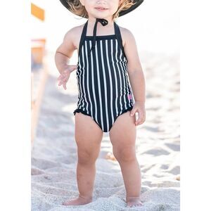 Ruffle Butts Black & White Stripe Halter Baby One Piece Swimsuit Bathing Suit